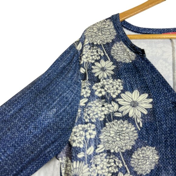 Simply Aster Women’s 1X Tunic Top Blue White Floral Print Boho Casual Stretch - Picture 5 of 12